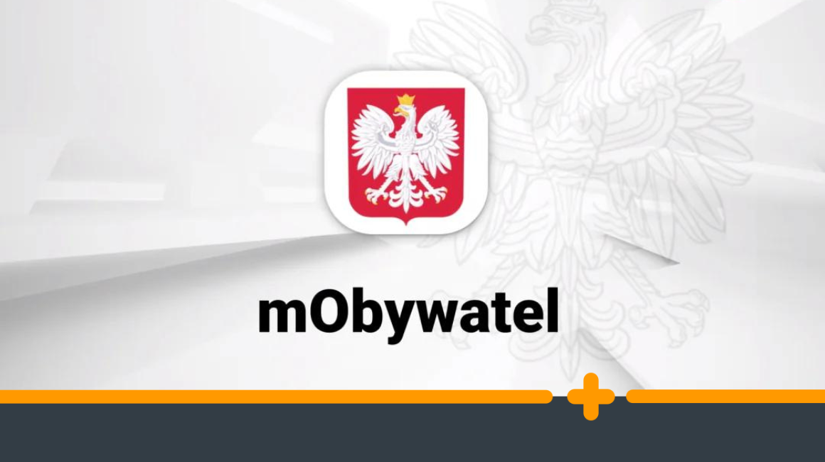 Logo aplikacji mObywatel z godłem Polski na tle graficznym z orłem