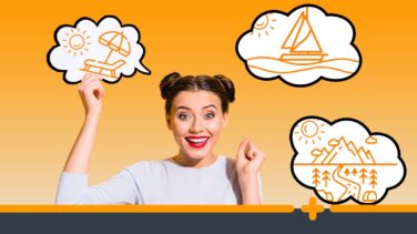 Zadowolona kobieta z myślami o podróżach – ilustracje urlopu w chmurkach